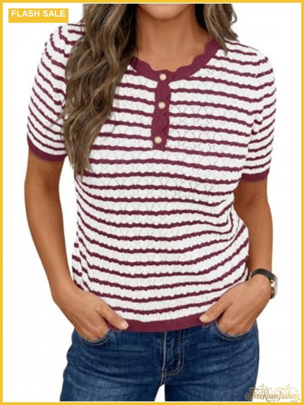 Women's Short Sleeve Knit Striped Pullover Sweater Summer Casual Lightweight